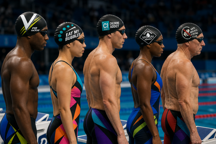 Swimmers wearing five different CutWave cap designs beside a pool.