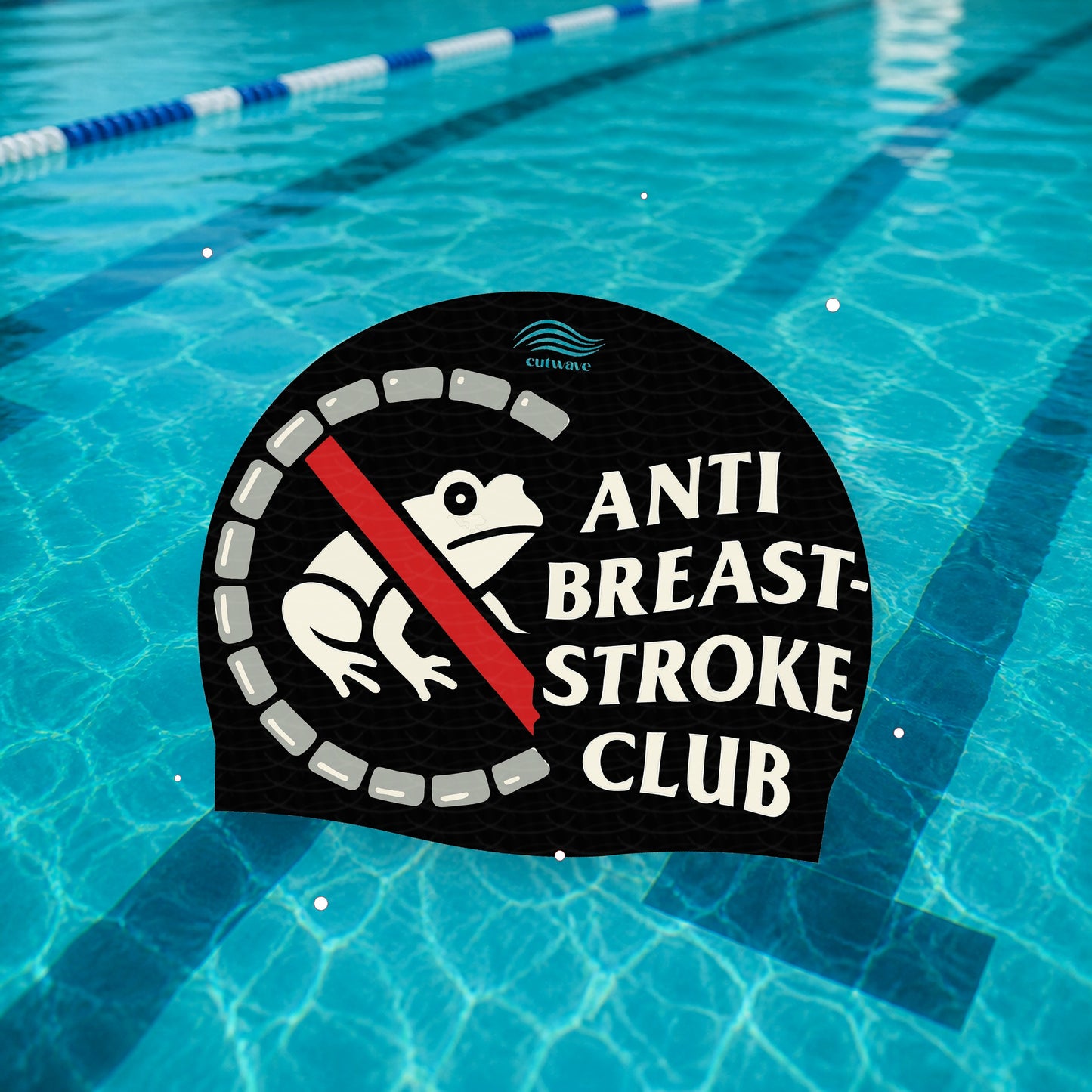 Anti Breaststroke Club silicone swim cap on pool water