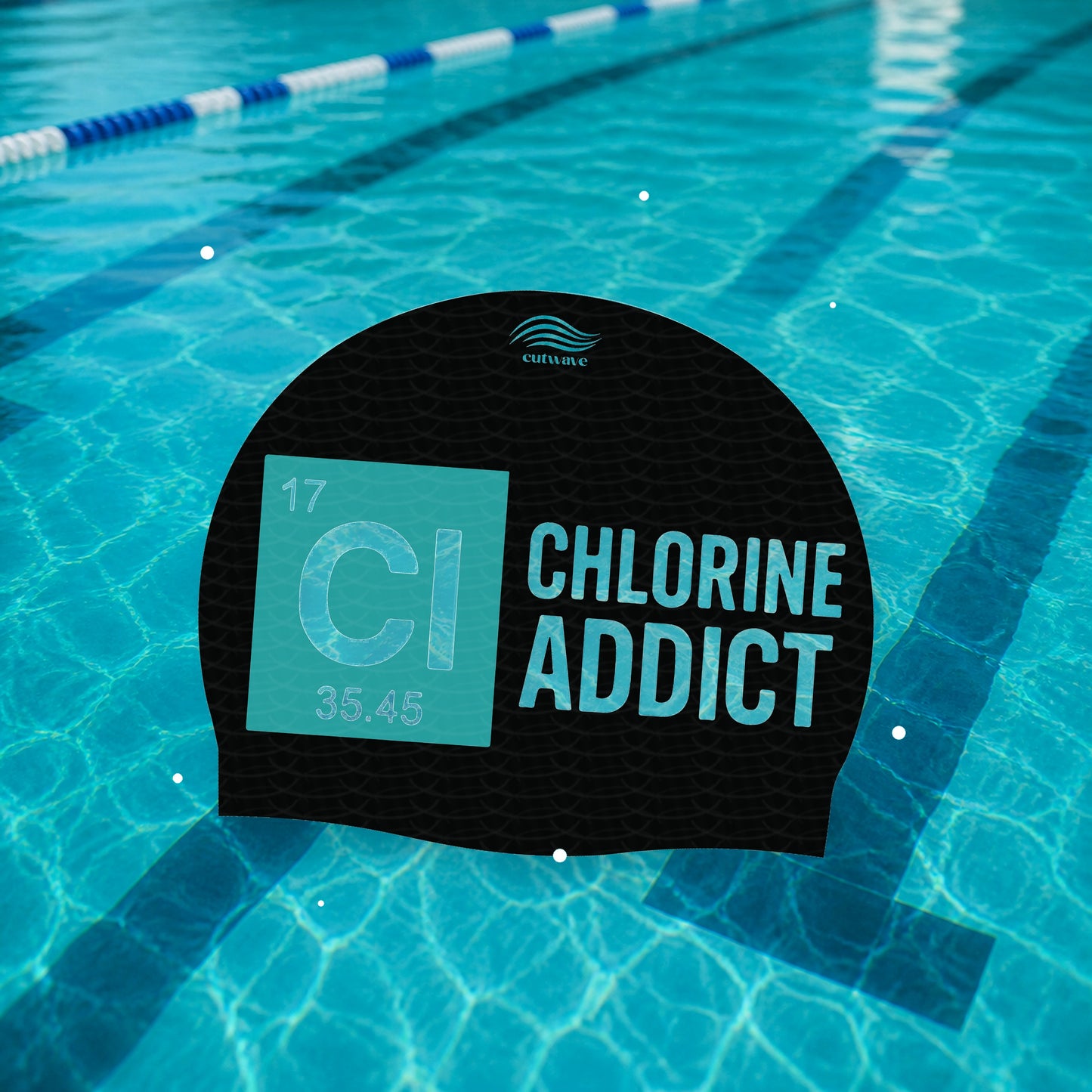 Chlorine Addict Periodic Table silicone swim cap on pool water