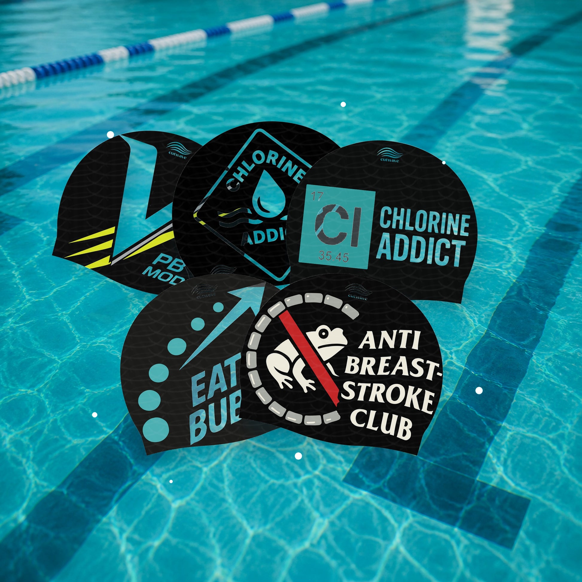 CutWave Duo Pack silicone swim caps on pool water