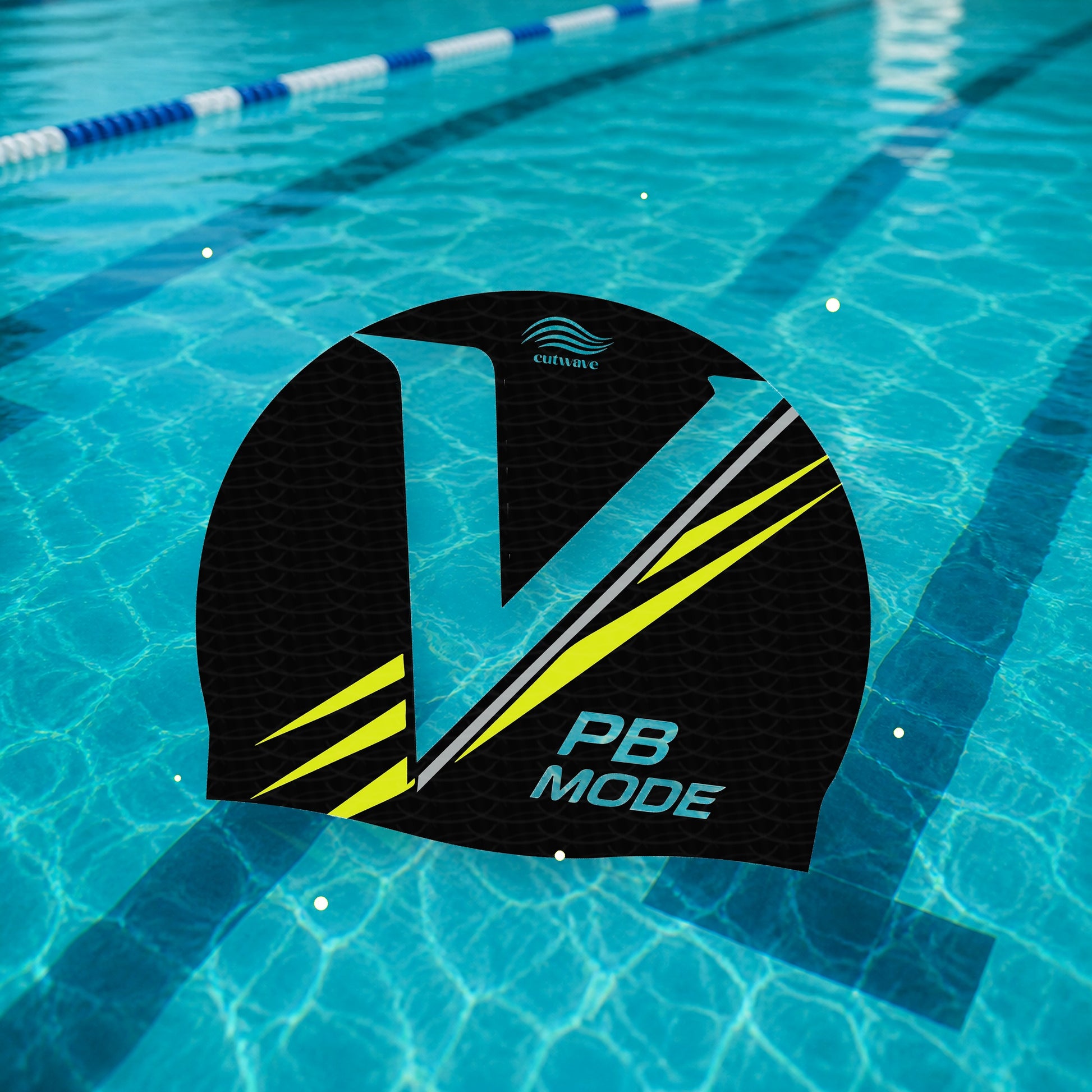 PB Mode silicone swim cap on pool water