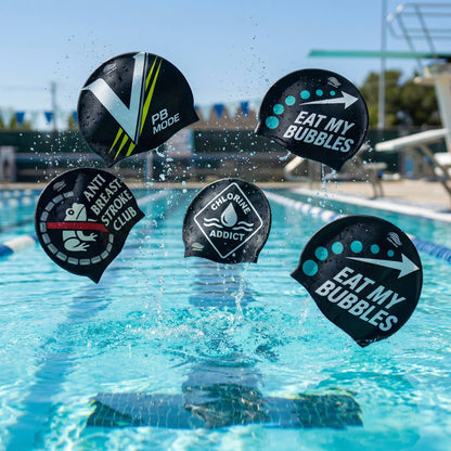 CutWave Duo Pack silicone swim caps with all designs