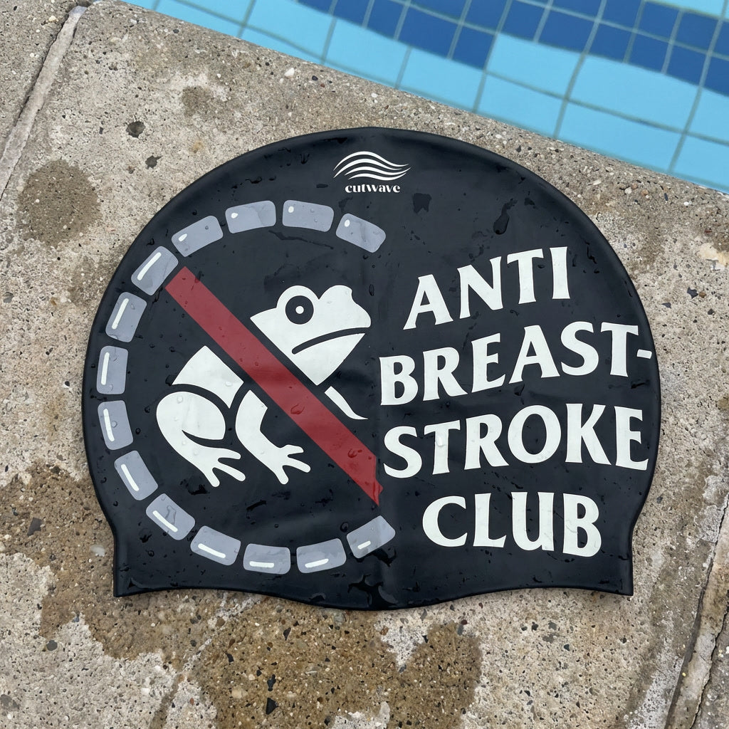 Anti Breaststroke Club silicone swim cap by Cutwave - black with crossed-out breaststroke swimmer graphic