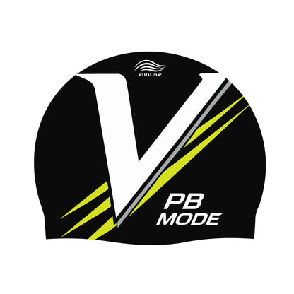 PB Mode swim cap flat lay showing bold V-stripe design detail