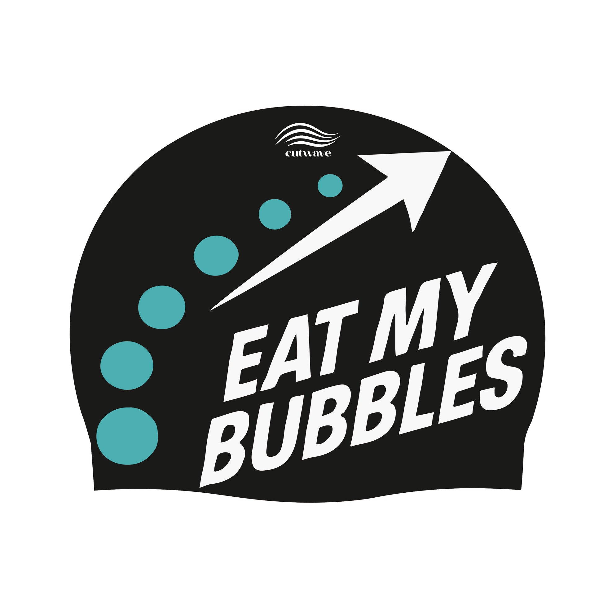 Eat My Bubbles swim cap flat lay showing wave drop design detail