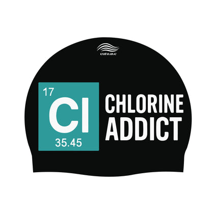 Chlorine Addict swim cap flat lay showing periodic table element badge design