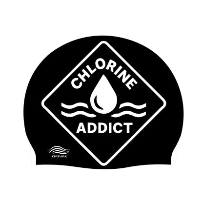 Chlorine Addict swim cap flat lay showing water drop emblem design