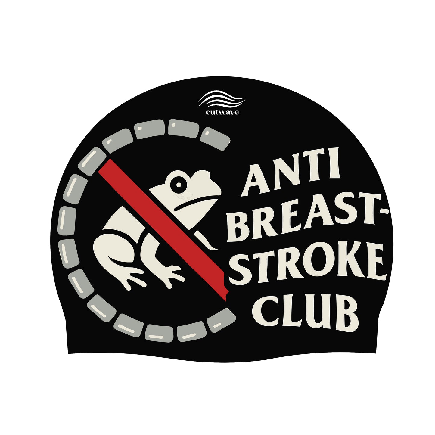 Anti Breaststroke Club swim cap flat lay showing humorous breaststroke prohibition design